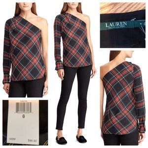 Ralph Lauren one shoulder plaid blouse